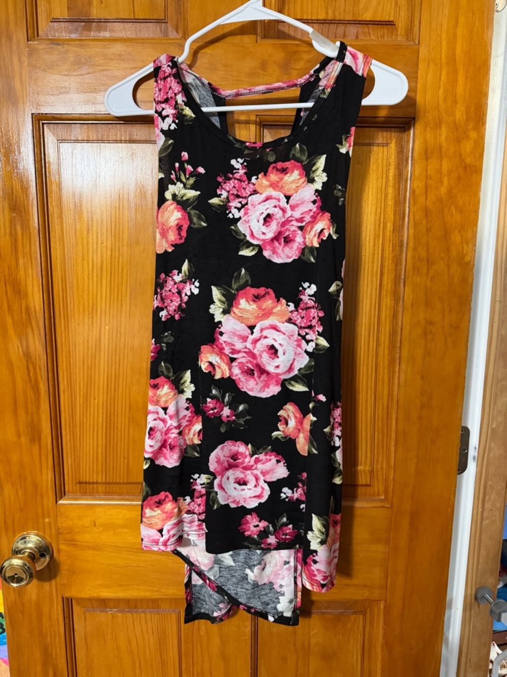 Magic Fit Black Tank Dress with Pink and Coral Floral Print